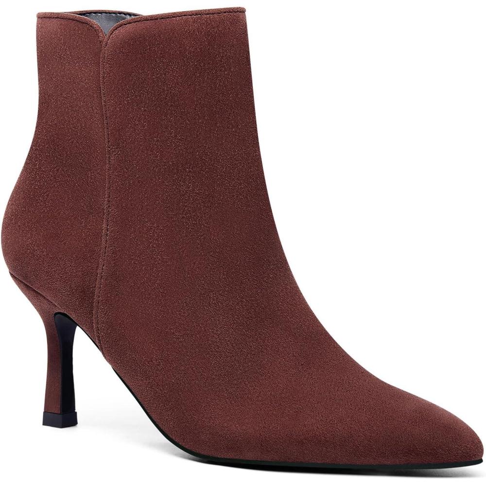 imageCoutgo Womens Kitten Heel Booties Pointed Toe Low Stiletto Side Zipper Ankle Boots ShoesChocolate