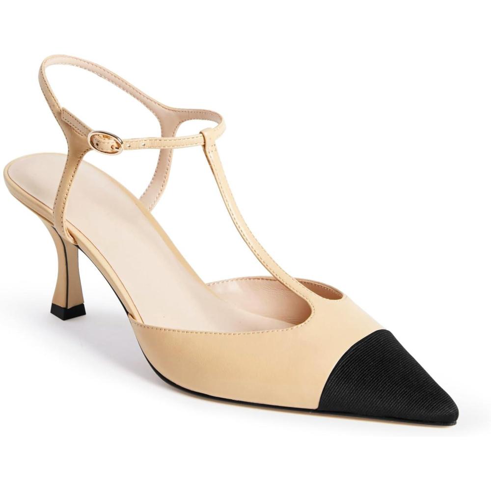 imageCoutgo Womens Kitten Heels Slingback Pumps Closed Pointed Toe Two Tone Ankle T Strap Office Dress ShoesKhaki
