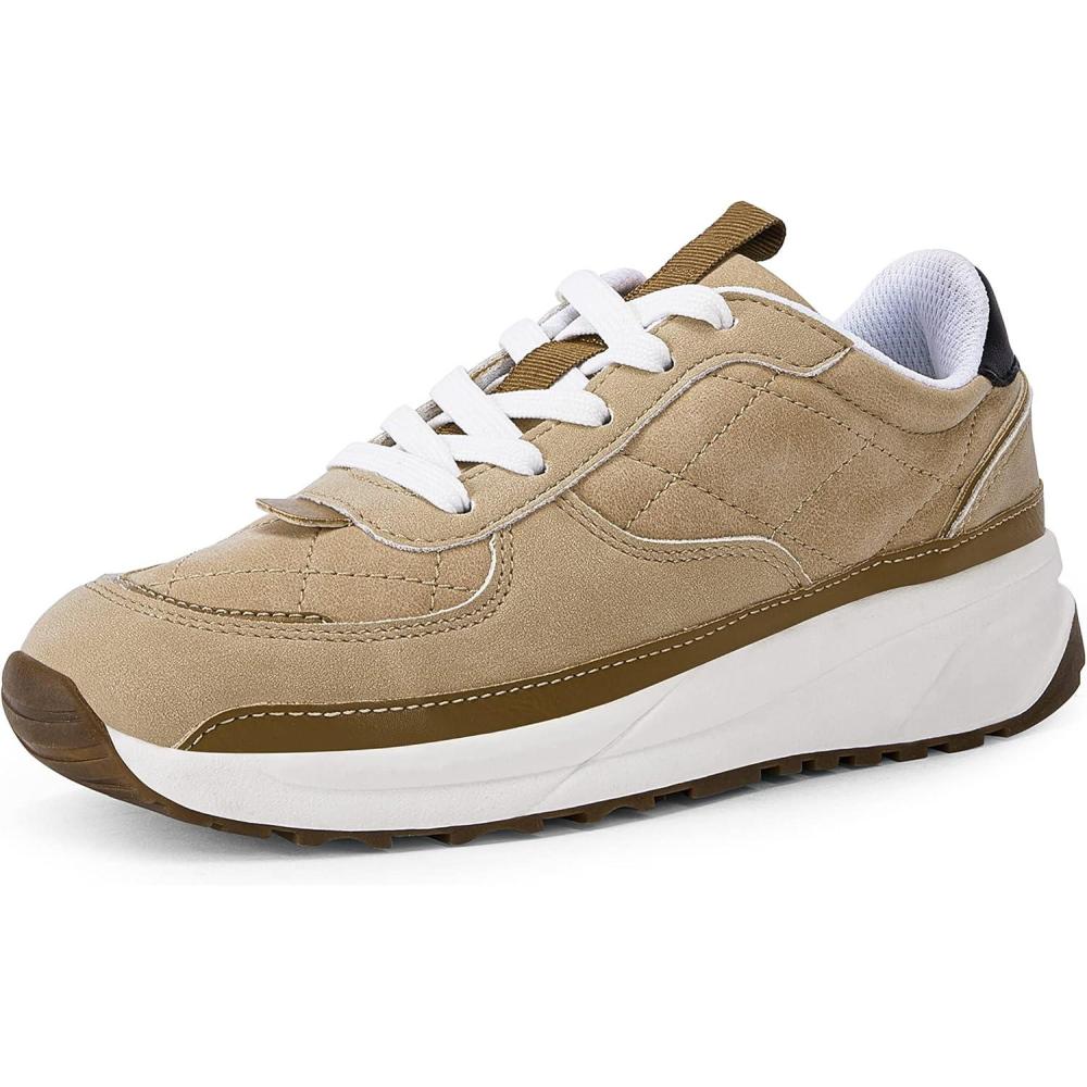 imageCoutgo Womens Lace Up Platform Sneakers Trendy Athletic Tennis Faux Leather Suede Neutral Comfortable Walking ShoesKhaki