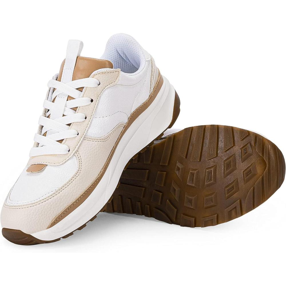 imageCoutgo Womens Lace Up Platform Sneakers Trendy Athletic Tennis Faux Leather Suede Neutral Comfortable Walking ShoesWhite