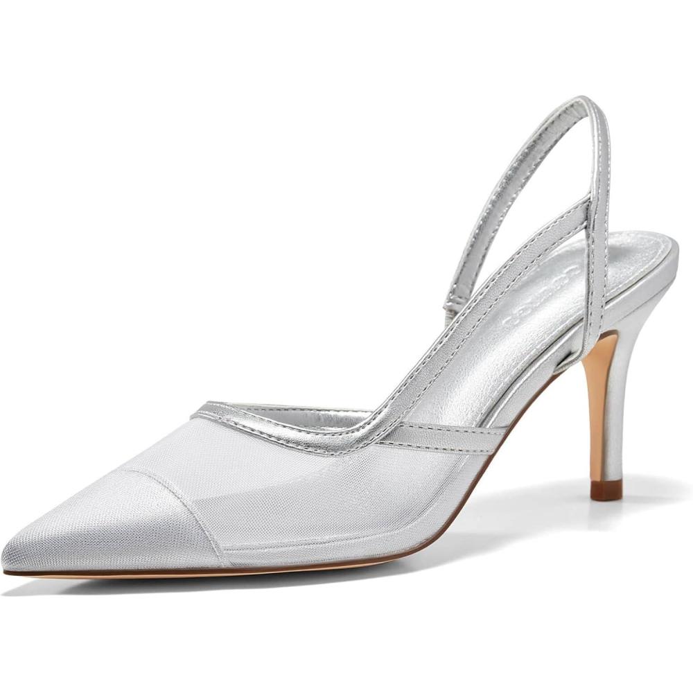imageCoutgo Womens Mesh Slingback Heels Pointed Toe High Heels Pumps Slip On Party Dress ShoesSilver