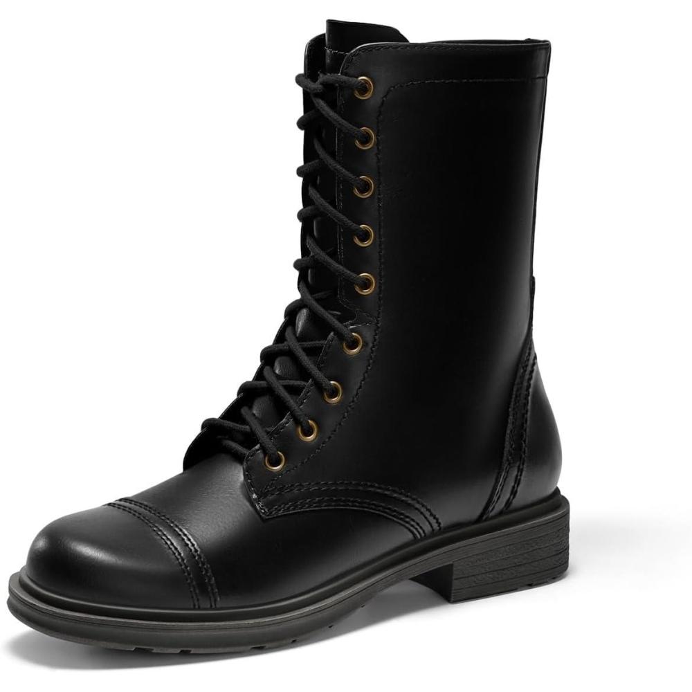 imageCoutgo Womens Mid Calf Combat Boots Low Heel Lace Up Round Toe Military Boots Fall Shoes with Side ZipperBlack