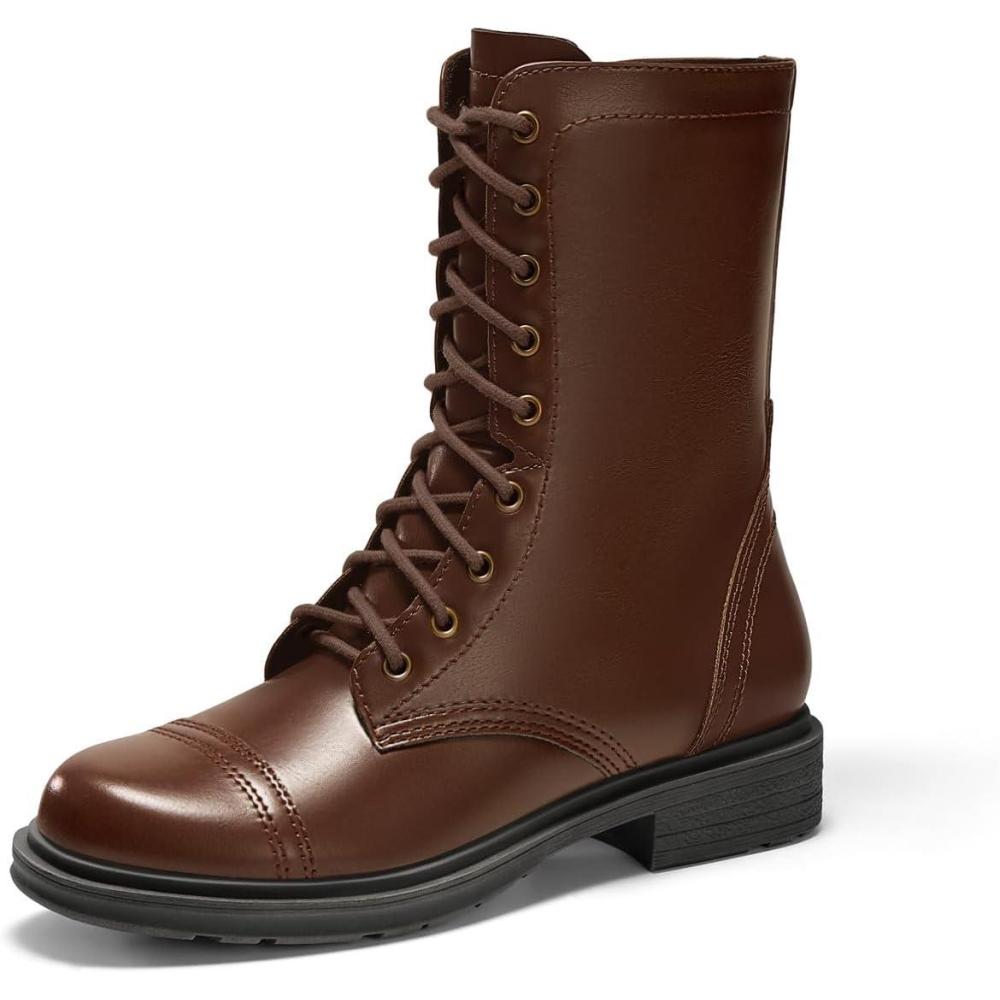 imageCoutgo Womens Mid Calf Combat Boots Low Heel Lace Up Round Toe Military Boots Fall Shoes with Side ZipperCoffee