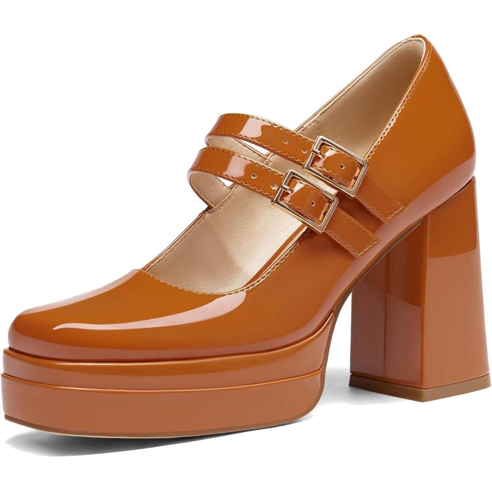 imageCoutgo Womens Platform Mary Jane Pumps Two Strap Square Toe Chunky Block Heel Sandals Party ShoesBrown