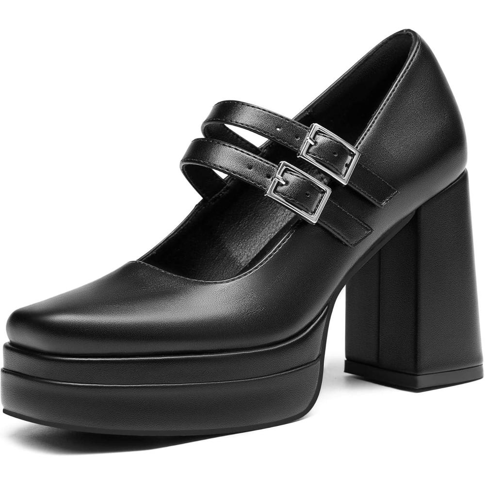 imageCoutgo Womens Platform Mary Jane Pumps Two Strap Square Toe Chunky Block Heel Sandals Party ShoesCool Black