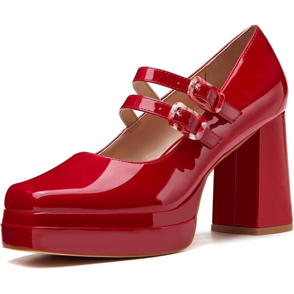imageCoutgo Womens Platform Mary Jane Pumps Two Strap Square Toe Chunky Block Heel Sandals Party ShoesRed