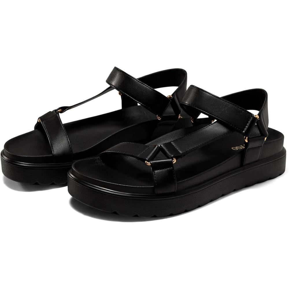 imageCoutgo Womens Platform Sandals Comfortable Arch Support Footbed Adjustable Ankle Strap Summer Beach Flat SandalsBlackPu