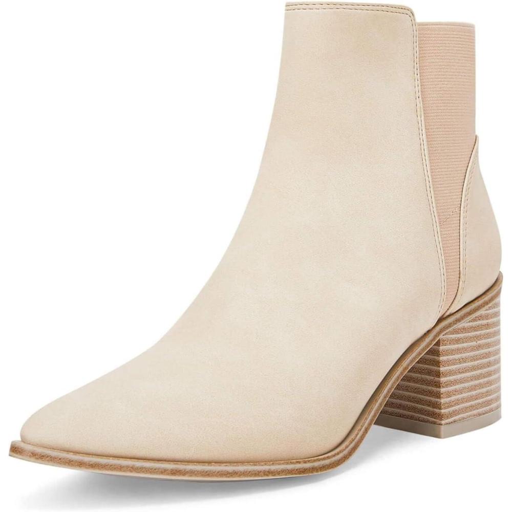 imageCoutgo Womens Pointed Toe Ankle Boots Elastic Chunky Block Stacked Mid Heel Slip On Chelsea BootiesBeige