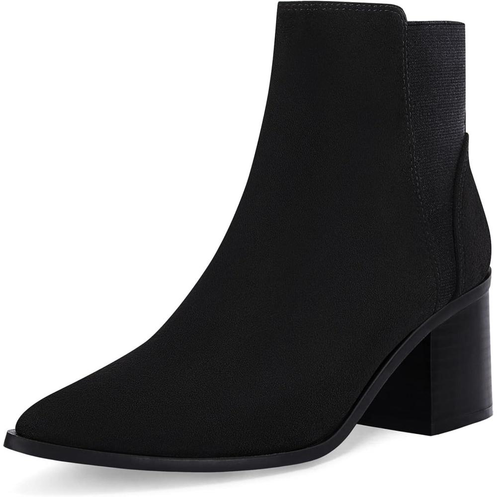 imageCoutgo Womens Pointed Toe Ankle Boots Elastic Chunky Block Stacked Mid Heel Slip On Chelsea BootiesBlacksuede