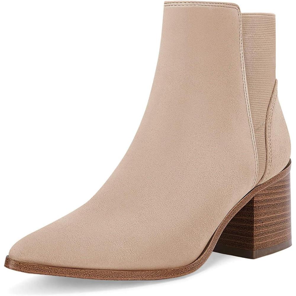 imageCoutgo Womens Pointed Toe Ankle Boots Elastic Chunky Block Stacked Mid Heel Slip On Chelsea BootiesKhakisuede