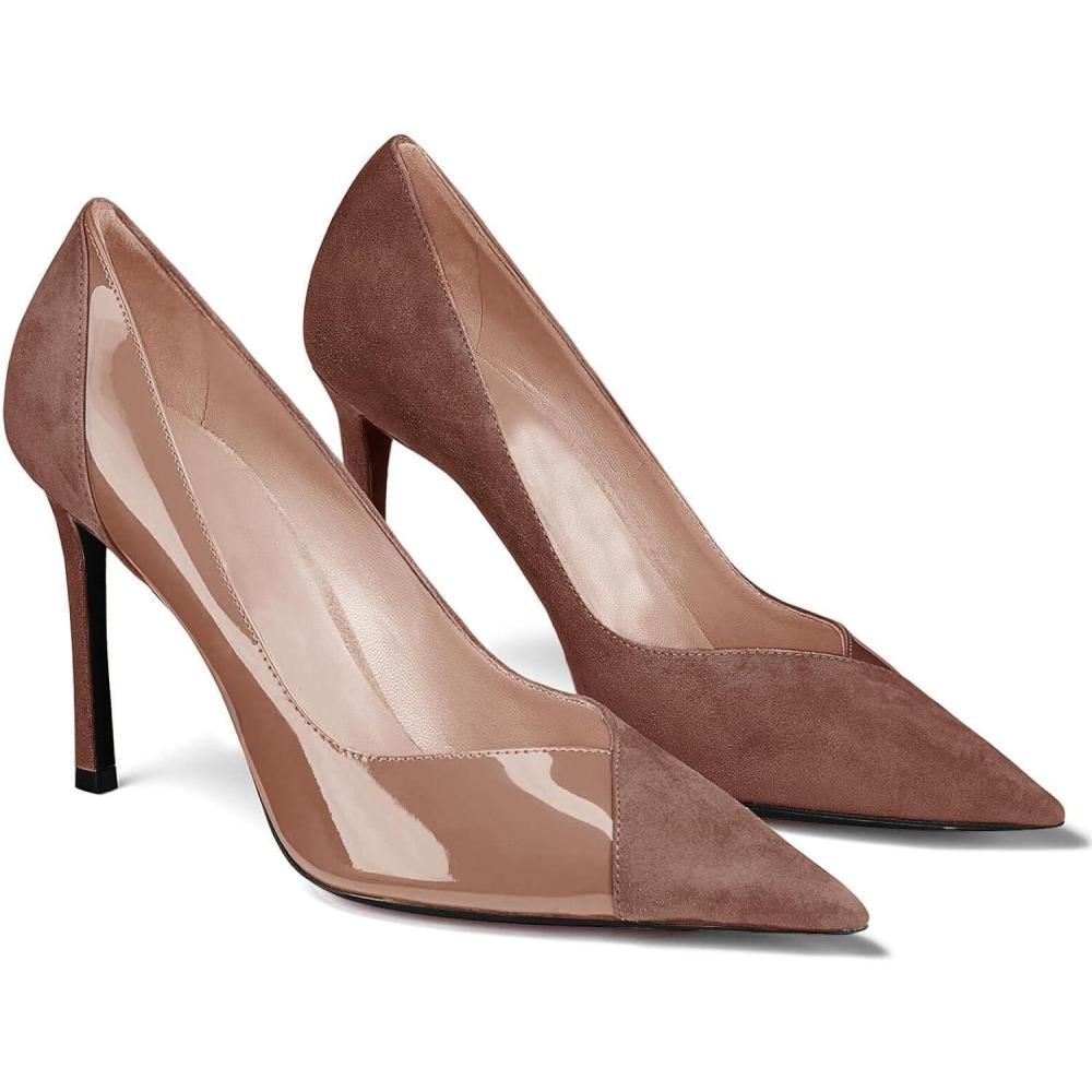 imageCoutgo Womens Pointed Toe High Heels Pumps Patent Suede Stiletto Heel Slip on Office Party Wedding Dress ShoesCoffee