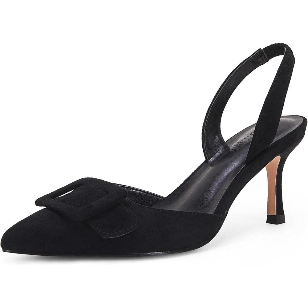 imageCoutgo Womens Slingback Heels Kitten Heel Pumps Dress Shoes Sling Back Closed Pointed Toe Suede Wedding Party SandalsBlack