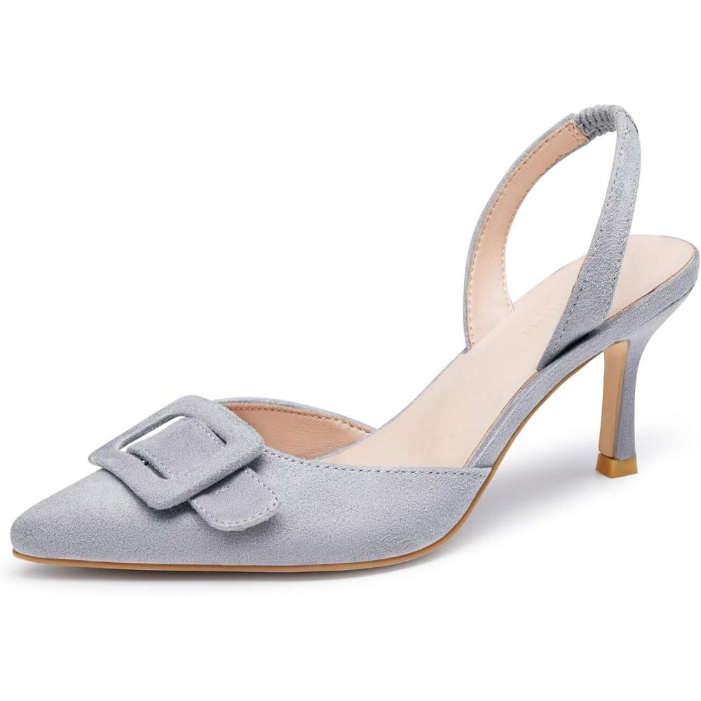 imageCoutgo Womens Slingback Heels Kitten Heel Pumps Dress Shoes Sling Back Closed Pointed Toe Suede Wedding Party SandalsGrey
