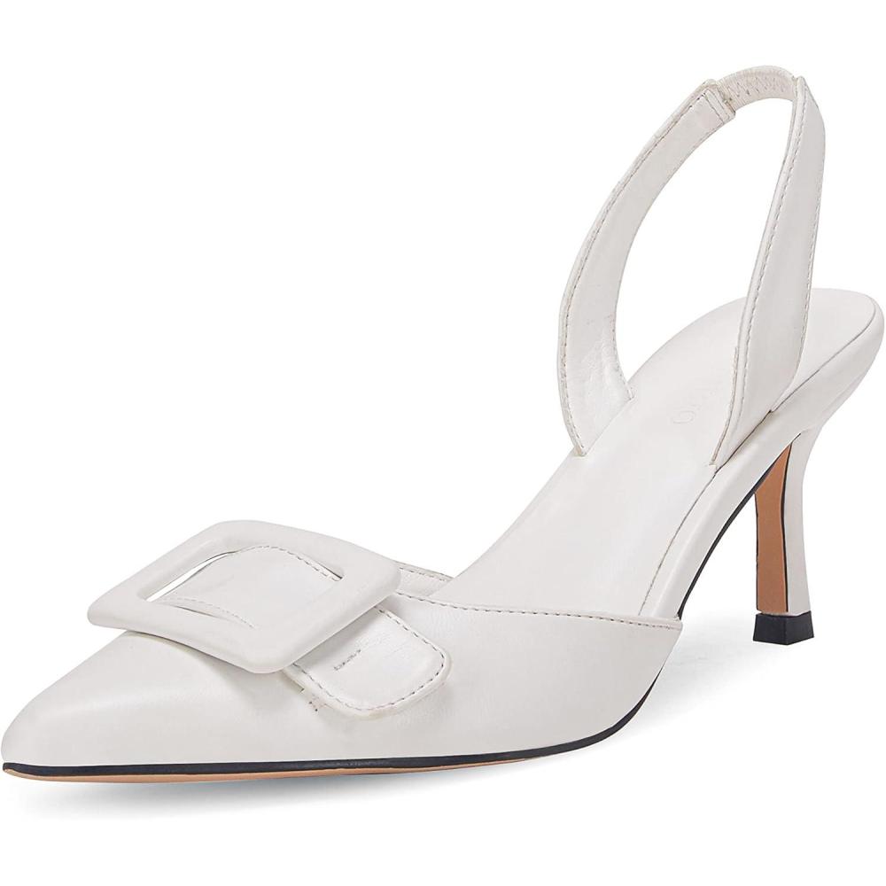 imageCoutgo Womens Slingback Heels Kitten Heel Pumps Dress Shoes Sling Back Closed Pointed Toe Suede Wedding Party SandalsPuwhite