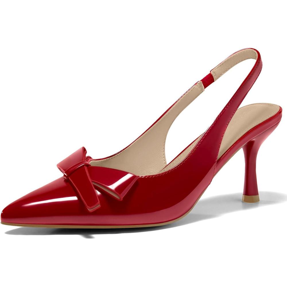 imageCoutgo Womens Slingback Kitten Heels Bow Closed Pointed Toe Pumps Slip on Office Work Dress ShoesRed