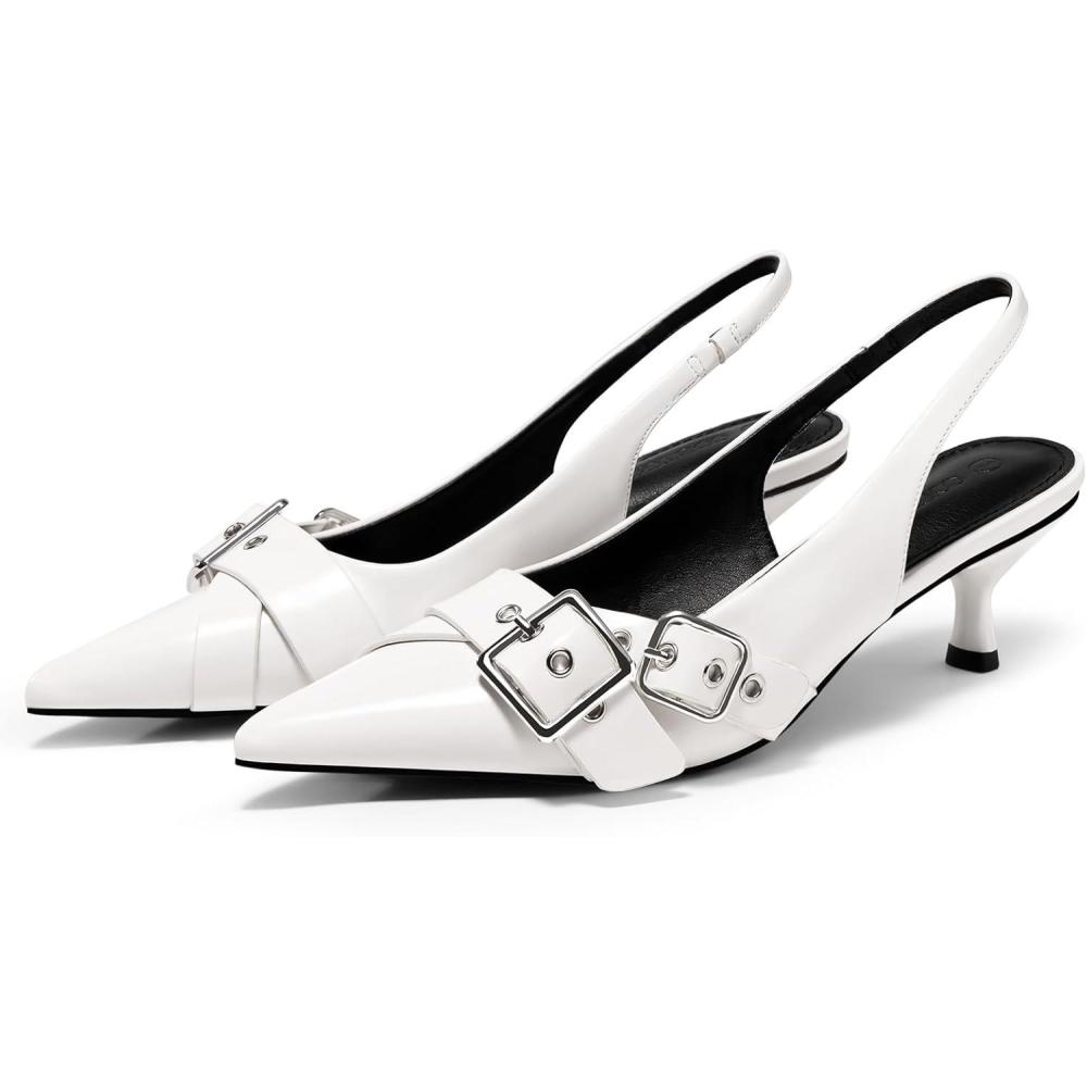 imageCoutgo Womens Slingback Kitten Heels Closed Pointed Toe Pumps Studded Buckle Strap Party Dress ShoesWhite