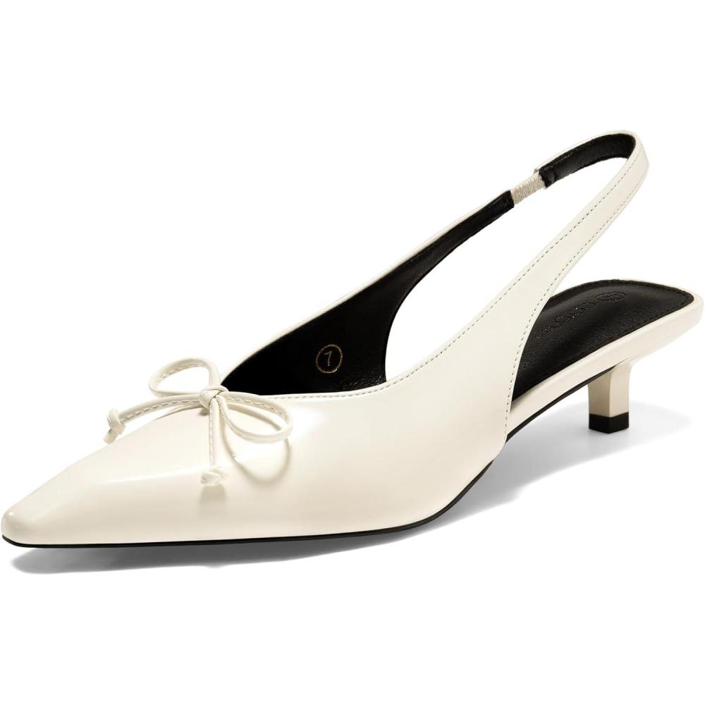 imageCoutgo Womens Slingback Kitten Low Heels Dress Shoes Closed Pointed Toe Bow Tie Slip on Office Work PumpsCreamy White