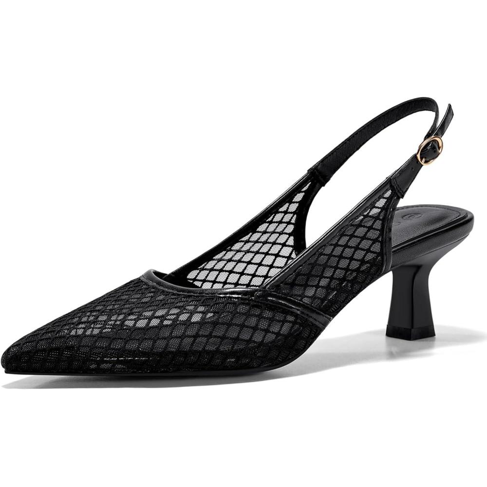 imageCoutgo Womens Slingback Kitten Low Heels Mesh Pumps Closed Pointed Toe Wedding Work Dress ShoesBlackMesh