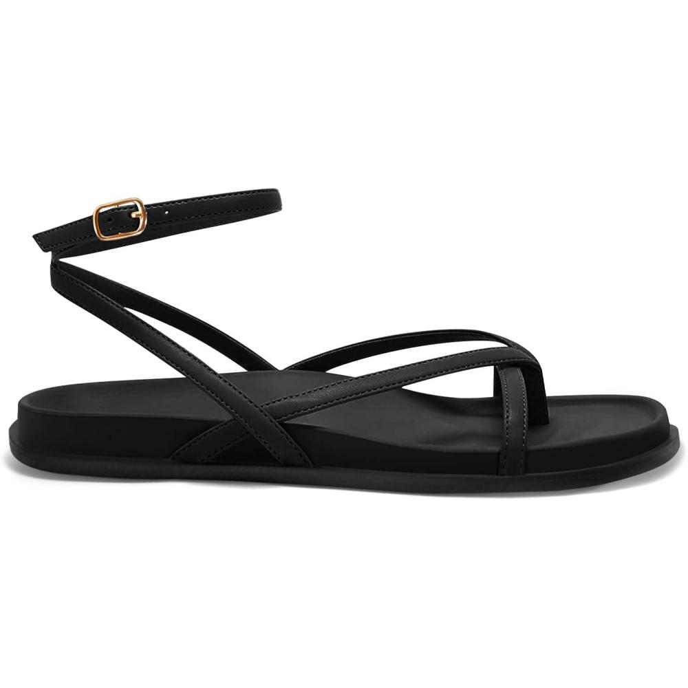 imageCoutgo Womens Strappy Flat Sandals Comfortable Flip Flop Footbed Sandals Ankle Strap Summer Beach ShoesBlack