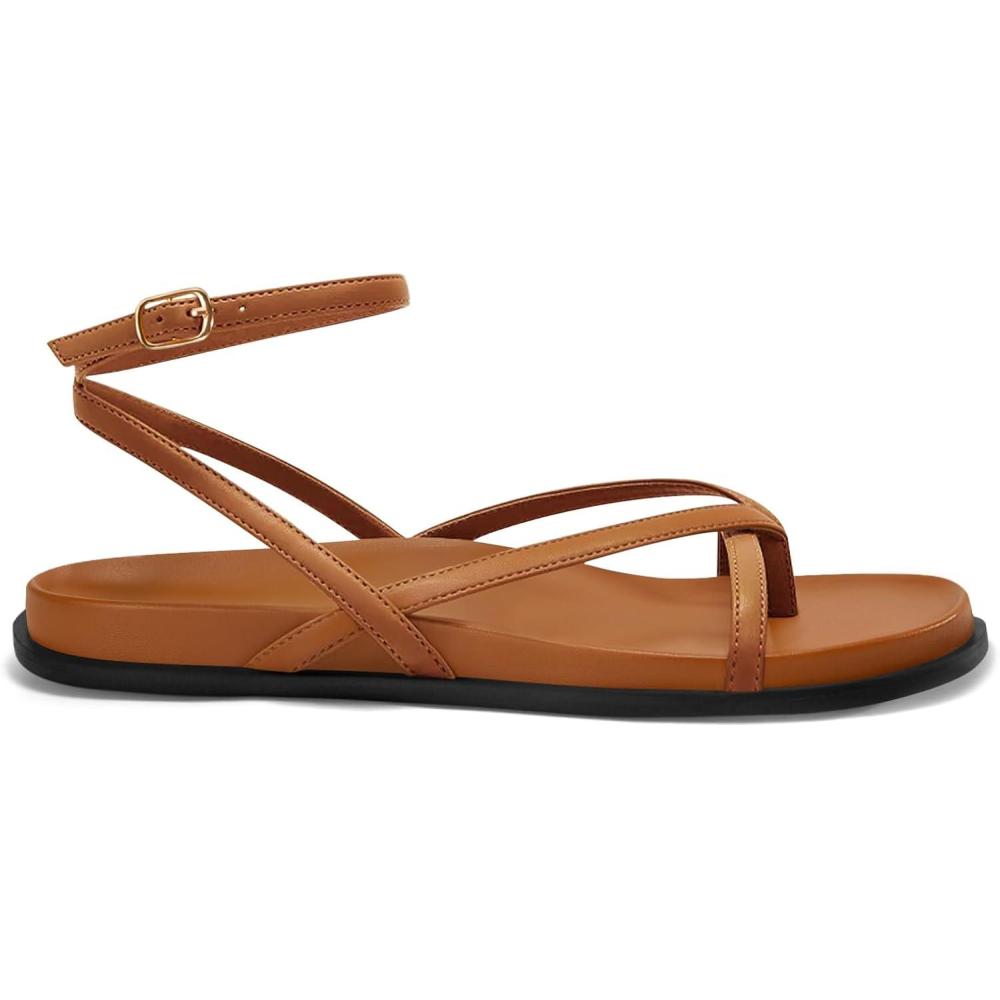 imageCoutgo Womens Strappy Flat Sandals Comfortable Flip Flop Footbed Sandals Ankle Strap Summer Beach ShoesBrown