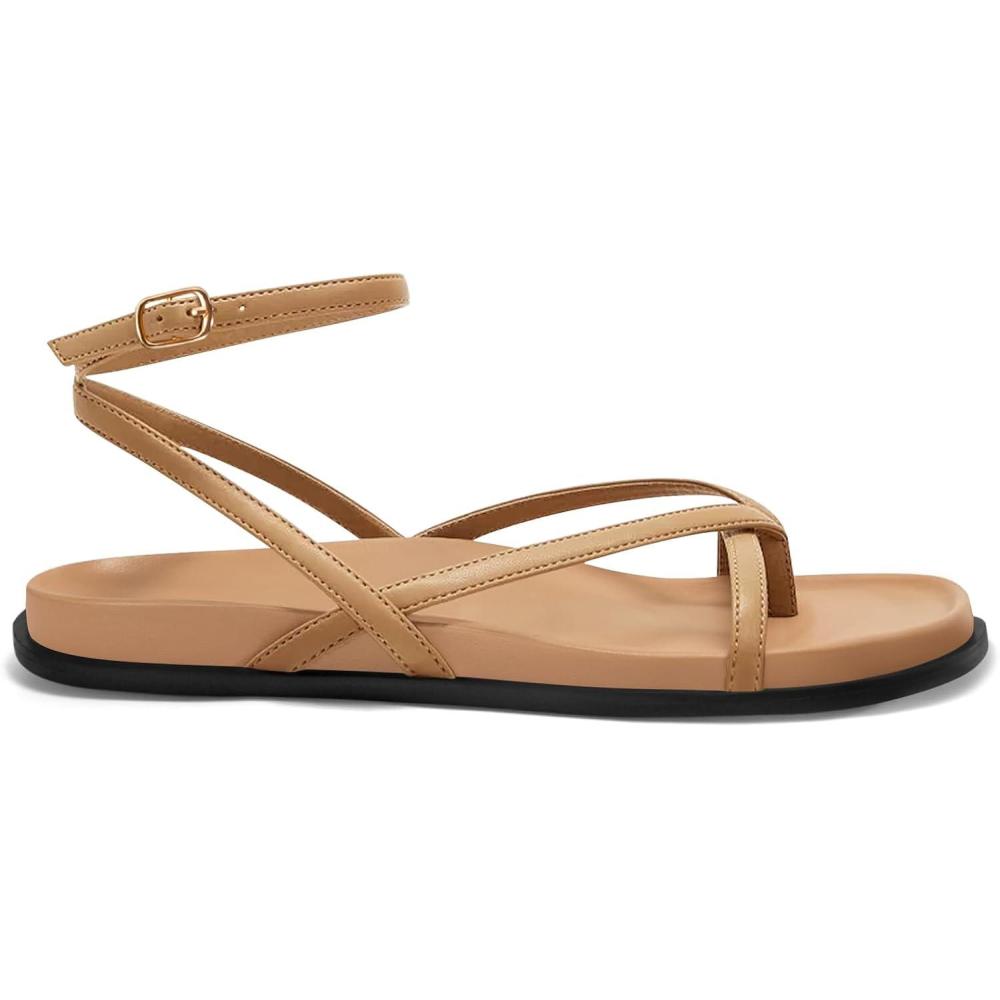 imageCoutgo Womens Strappy Flat Sandals Comfortable Flip Flop Footbed Sandals Ankle Strap Summer Beach ShoesTan