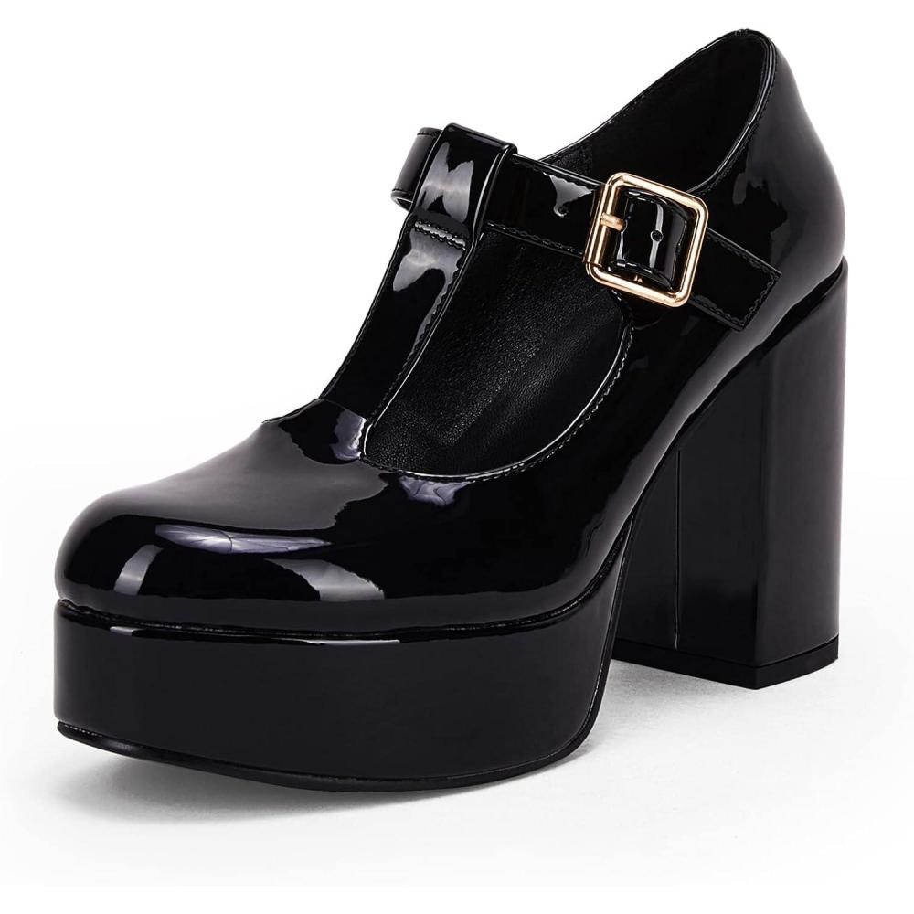 imageCoutgo Womens TStrap Round Toe Chunky Platform Heels Patent Mary Jane Dress ShoesBlack Patent