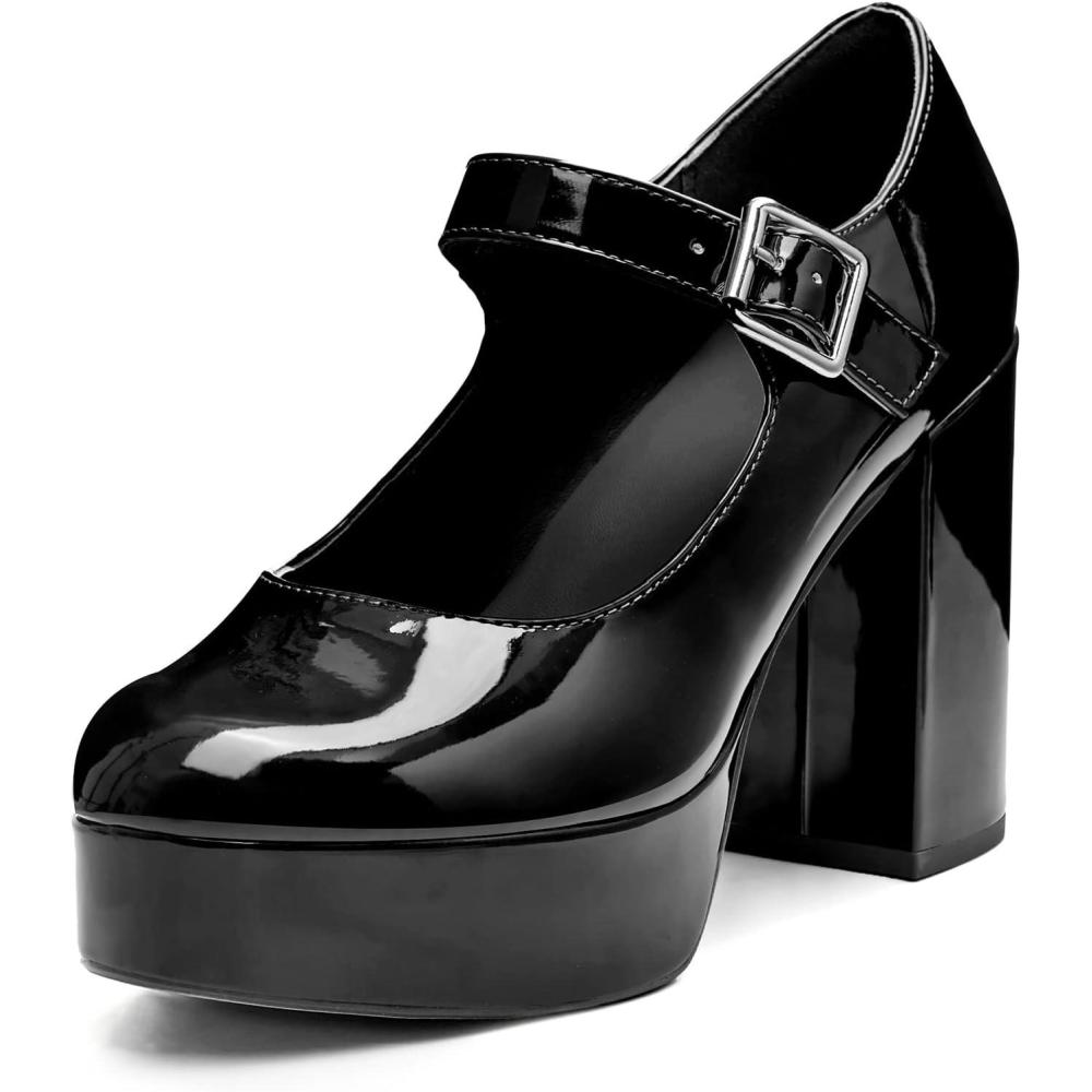 imageCoutgo Womens TStrap Round Toe Chunky Platform Heels Patent Mary Jane Dress ShoesCool Black
