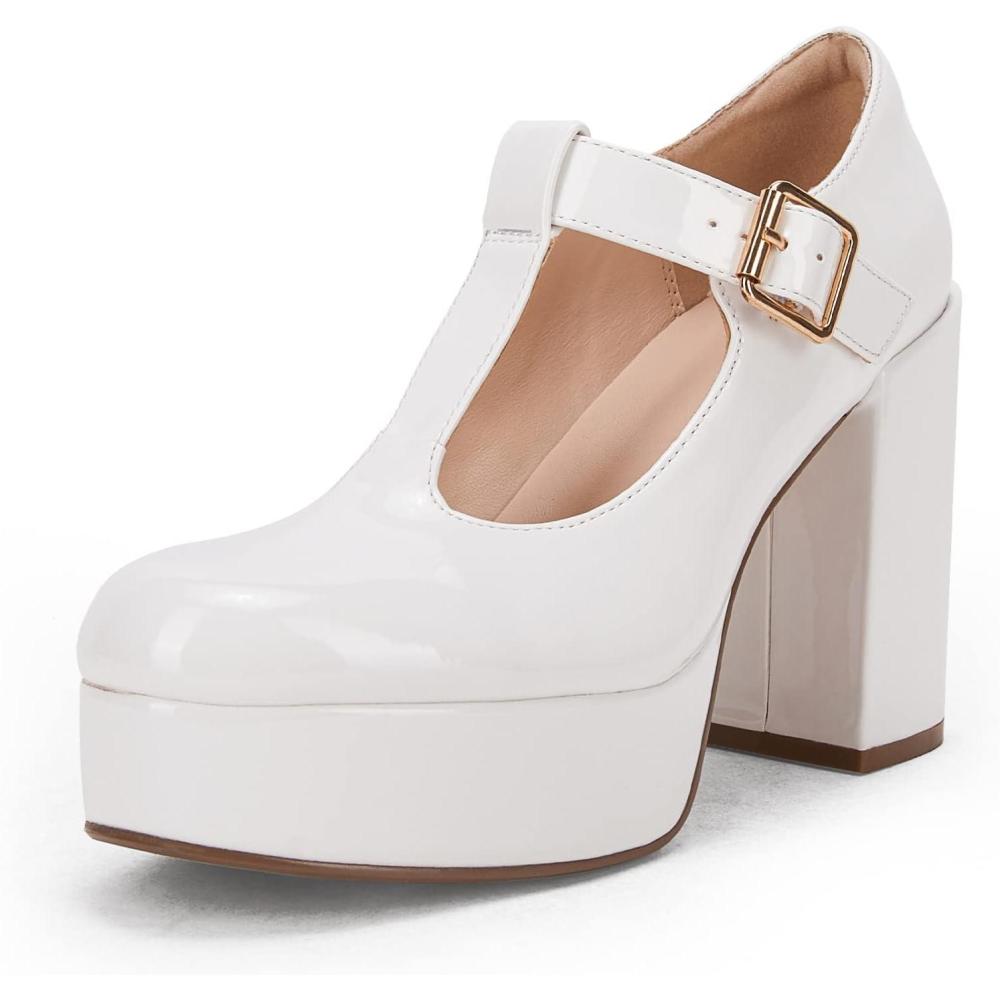 imageCoutgo Womens TStrap Round Toe Chunky Platform Heels Patent Mary Jane Dress ShoesWhite