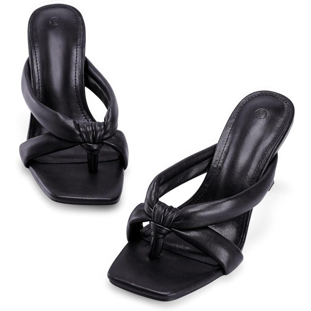 imageCoutgo Womens Thong Heels Mules Square Toe Heeled Flip Flops Mule Sexy Stiletto Dress Party SandalsBlack