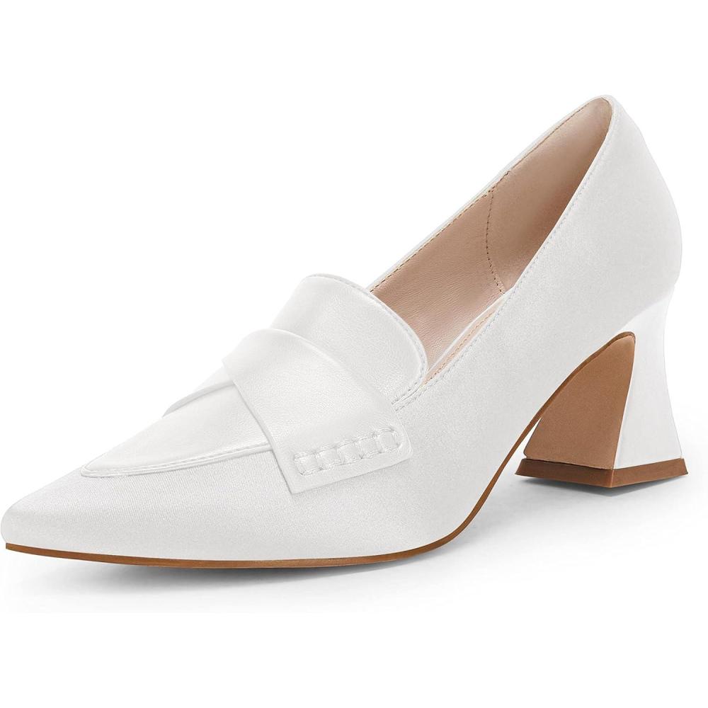 imageWomens Chunky Block Low Heels Pumps Stitching Retro Work Office Dress ShoesWhite