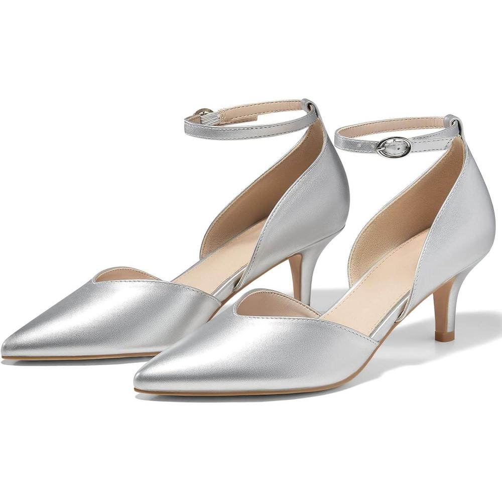 imageWomens Kitten Heels Comfortable Low Heel Dress Shoes Pointed Toe Ankle Strap Cutout DOrsay Wedding Party PumpsSilver