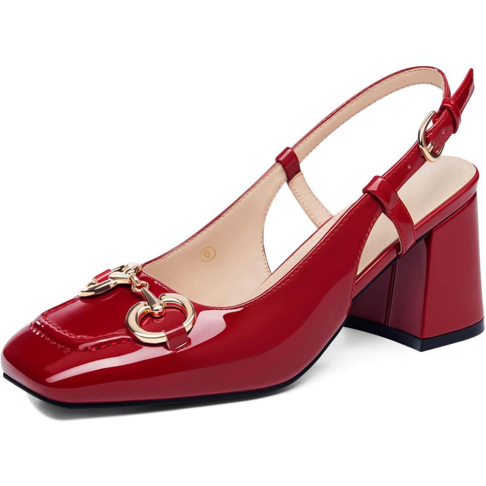 imageWomens Slingback Block Heels Closed Square Toe Dress Work Shoes Slip on Buckle Strap Business PumpsRed