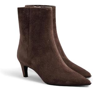 Coutgo Ankle Boots for Women Kitten Low Heel Pointed Toe Booties Side Zipper Fall Shoes(Chocolate Suede)
