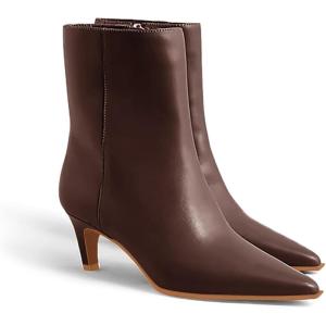 Coutgo Ankle Boots for Women Kitten Low Heel Pointed Toe Booties Side Zipper Fall Shoes(Dark Brown Pu)