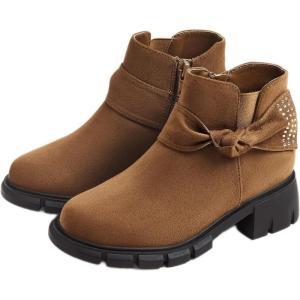 Coutgo Girls Ankle Boots Low Block Heel Glitter Bowknot Zipper Chelsea Booties Little Kid Big Kids(Brown)