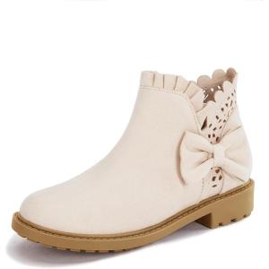 Coutgo Girls Bow Ankle Boots Ruffled Chunky Heel with Classic Side Zipper Dress Booties for Little Kids/Big Kids(Beige)