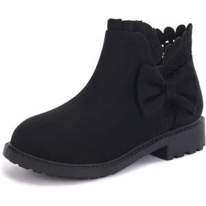 Coutgo Girls Bow Ankle Boots Ruffled Chunky Heel with Classic Side Zipper Dress Booties for Little Kids/Big Kids(Black)
