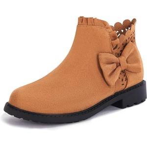 Coutgo Girls Bow Ankle Boots Ruffled Chunky Heel with Classic Side Zipper Dress Booties for Little Kids/Big Kids(Brown)