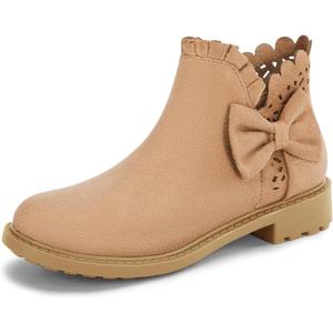 Coutgo Girls Bow Ankle Boots Ruffled Chunky Heel with Classic Side Zipper Dress Booties for Little Kids/Big Kids(Khaki)