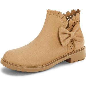 Coutgo Girls Bow Ankle Boots Ruffled Chunky Heel with Classic Side Zipper Dress Booties for Little Kids/Big Kids(Light Brown)
