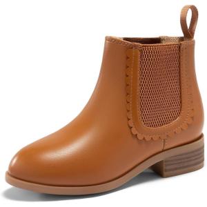 Coutgo Girls Chelsea Ankle Boots Kids Slip On Chunky Low Heel Elastic Fall Winter Booties Shoes(Brown)