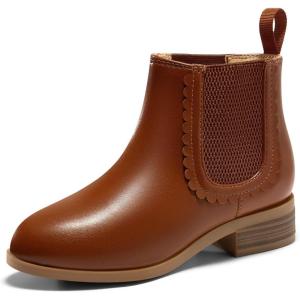 Coutgo Girls Chelsea Ankle Boots Kids Slip On Chunky Low Heel Elastic Fall Winter Booties Shoes(Dark Brown)