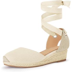 Coutgo Girls Espadrille Platform Wedge Sandals Closed Toe Lace Up Ankle Strap Summer Shoes Toddler Little Big Kid(Beige)