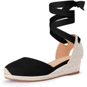 Coutgo Girls Espadrille Platform Wedge Sandals Closed Toe Lace Up Ankle Strap Summer Shoes Toddler Little Big Kid(Black)