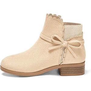 Coutgo Girls Toddler Bow Ankle Boots Pull On Low Chunky Heel Fall Dress Booties Shoes(Beige)
