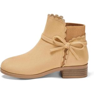 Coutgo Girls Toddler Bow Ankle Boots Pull On Low Chunky Heel Fall Dress Booties Shoes(Khaki)