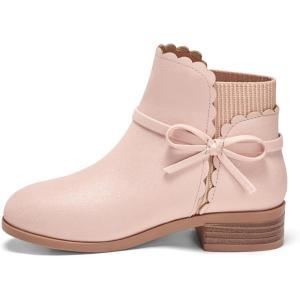 Coutgo Girls Toddler Bow Ankle Boots Pull On Low Chunky Heel Fall Dress Booties Shoes(Pink)