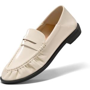 Coutgo Penny Loafers for Women Comfortable Slip on Shoes Collapsible Heel Closed Toe Dressy Casual Work Flats(Beige)