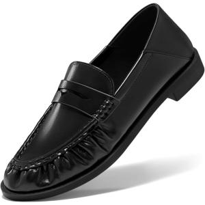 Coutgo Penny Loafers for Women Comfortable Slip on Shoes Collapsible Heel Closed Toe Dressy Casual Work Flats(Black)