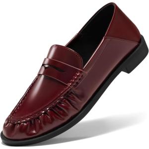 Coutgo Penny Loafers for Women Comfortable Slip on Shoes Collapsible Heel Closed Toe Dressy Casual Work Flats(Burgundy)